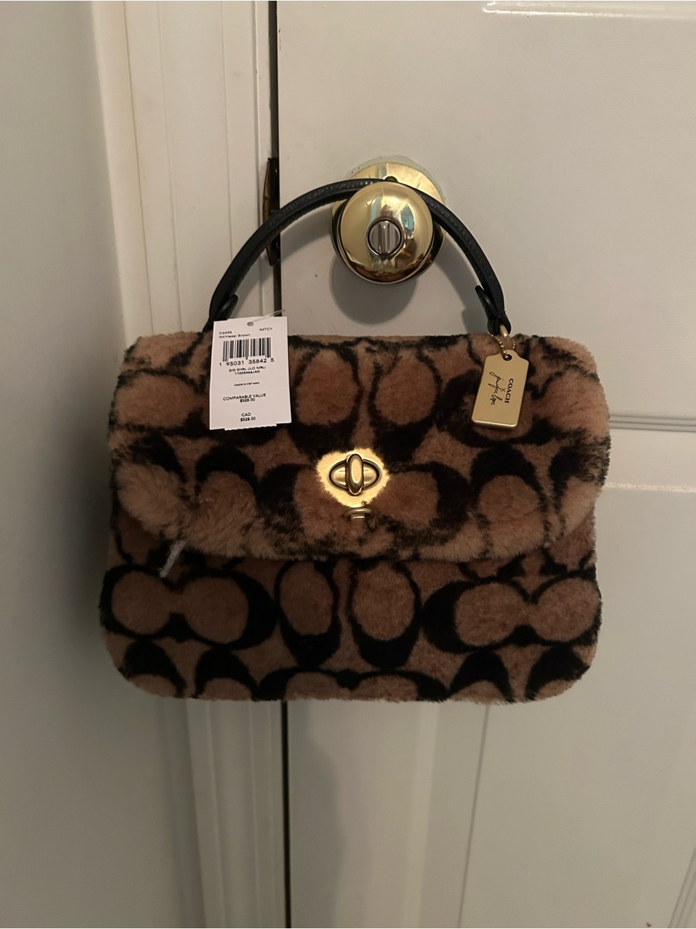 Coach Brown and Black Faux-Fur Signature Turn-Lock Top Handle Satchel